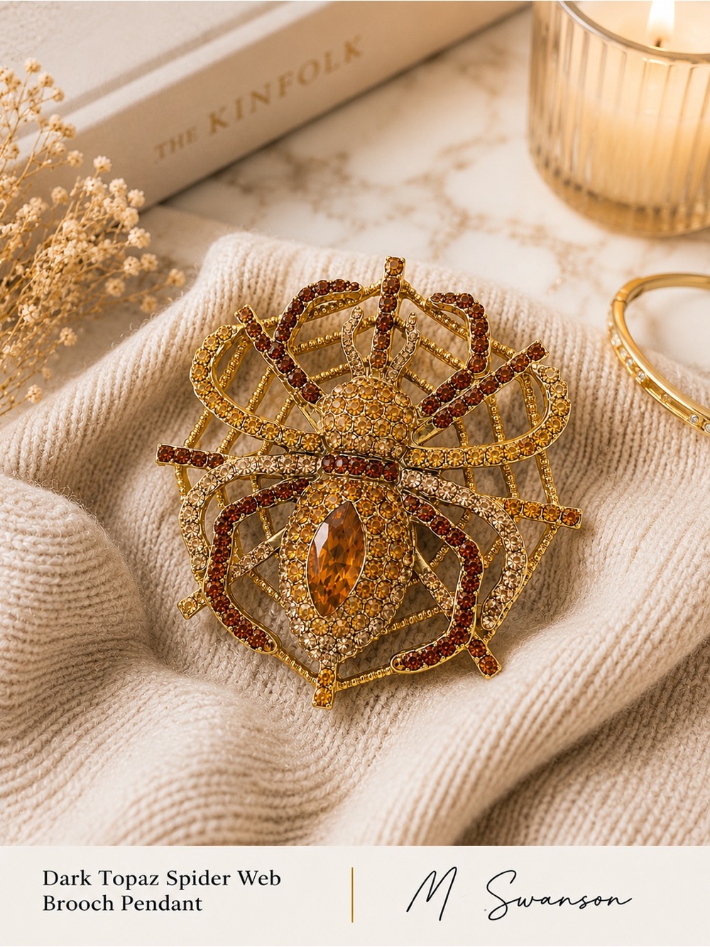 Dark Topaz Crystal Spider Web Brooch Pendant | Gold Tone Statement Jewelry